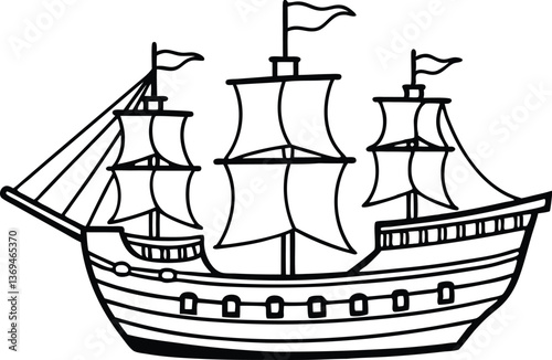 pirate ship outline coloring book page line art vector