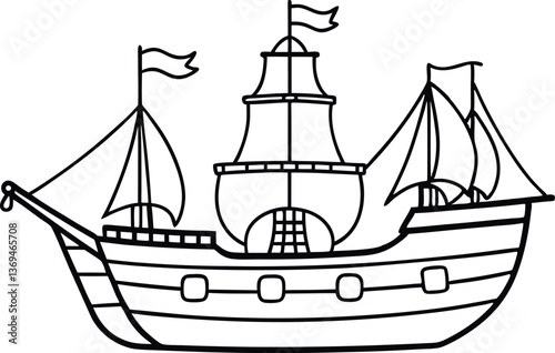 pirate ship outline coloring book page line art vector