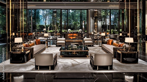 Luxurious modern living room with expansive windows and beautiful decor