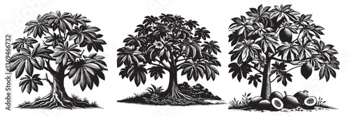 Wallpaper Mural Pawpaw tree in traditional woodcut drawing, black and white botanical illustration Torontodigital.ca