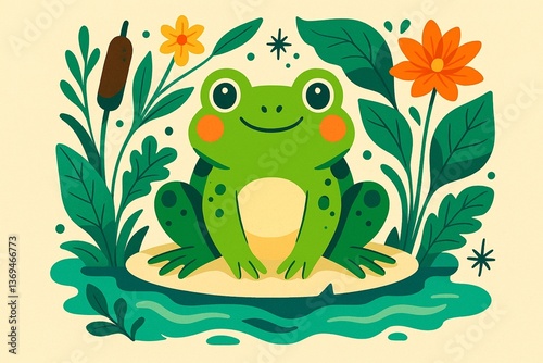 Cute green frog sitting on lily pad with flowers and aquatic plants in flat vector style