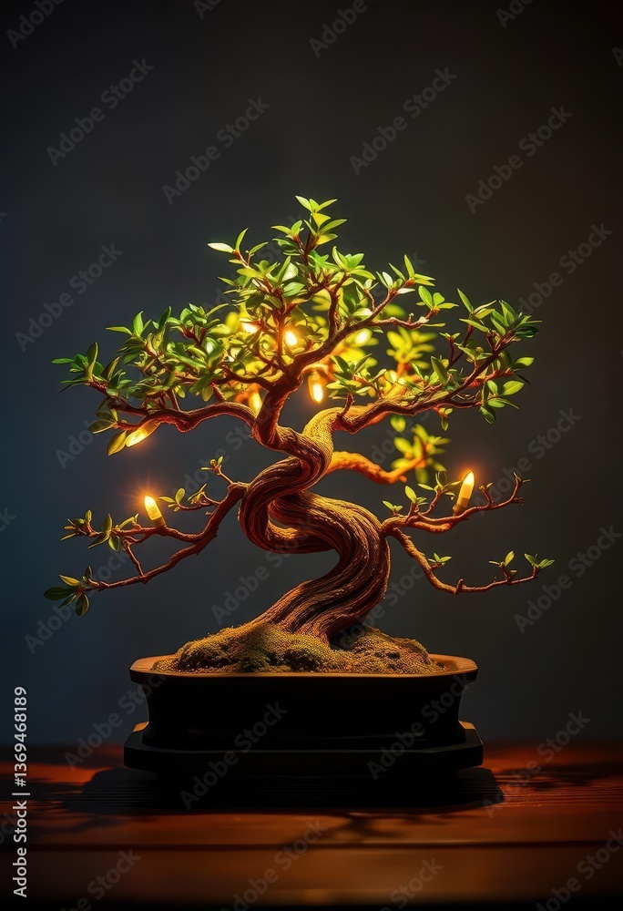 Miniature LED illuminates bonsai details, showcasing intricate branches and foliage, nature, miniature Miniature LED illuminates bonsai details, showcasing intricate branches and foliage, nature, miniature