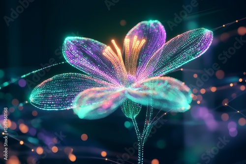 Glowing digital flower with vibrant neon colors in abstract style