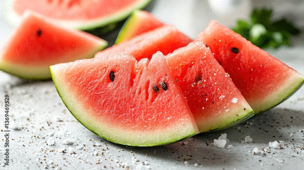 Sliced watermelon wedges on gray surface with background of more watermelon Sliced watermelon wedges on gray surface with background of more watermelon
