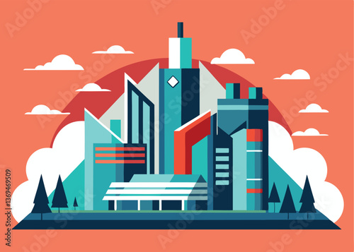 Modern urban skyline showcases geometric architecture against vibrant background with stylized clouds and trees