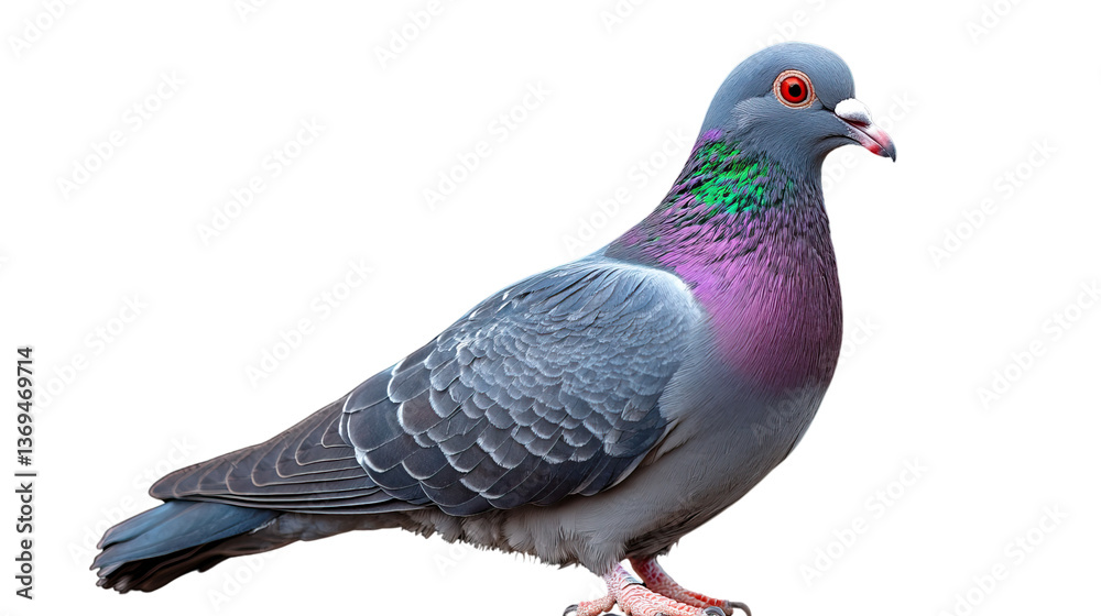 Obraz premium Urban Pigeon in Focus: A close-up shot of a vibrant pigeon with its striking multicolored plumage, showcasing its unique features in sharp detail.