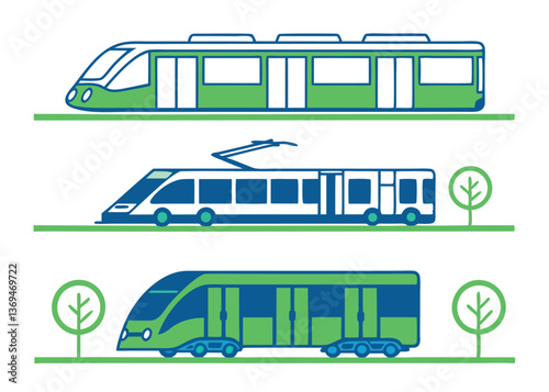 Different types of public transportation vehicles displayed in a simple graphic design
