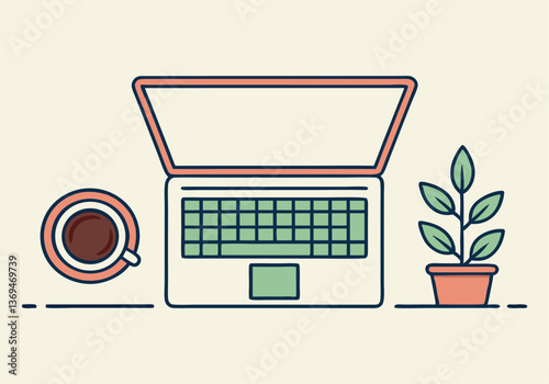 Laptop and coffee cup with a plant on a minimal desk, suitable for a work or study environment