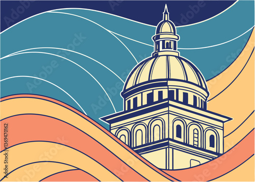 Colorful illustration of a historic building with prominent dome against a vibrant abstract backdrop