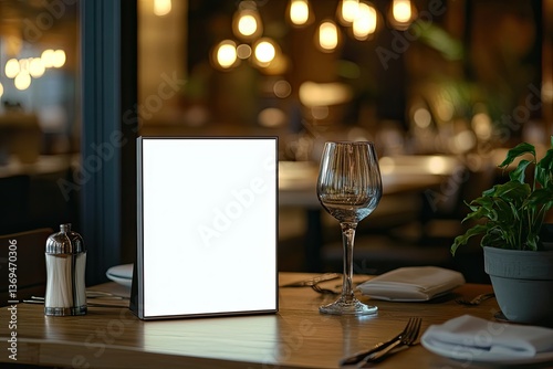 Vibrant Color Image of Closeup of Blank Placard on Table in Restaurant