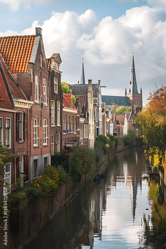 Naklejka premium Enchanting Cityscape - Canal, Architectural Beauty, and Historical Landmarks of Zwolle, Netherlands