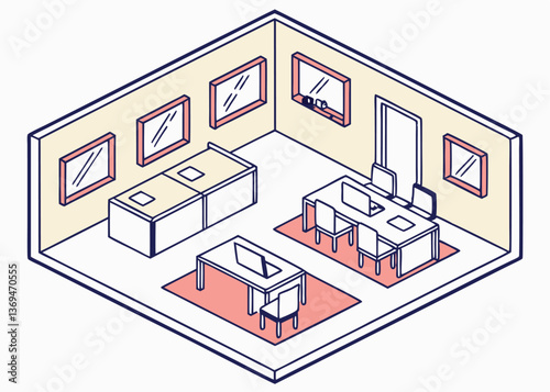 Modern office space layout with desks, chairs, windows, and storage in a bright room showcasing functionality and design