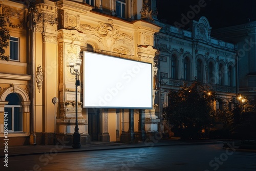 Premium Quality Image of Blank Billboard Standing on Classic Building in the Night