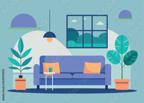 Stylish living room with modern decor featuring plants, a sofa, and a large window showcasing a bright outdoor view