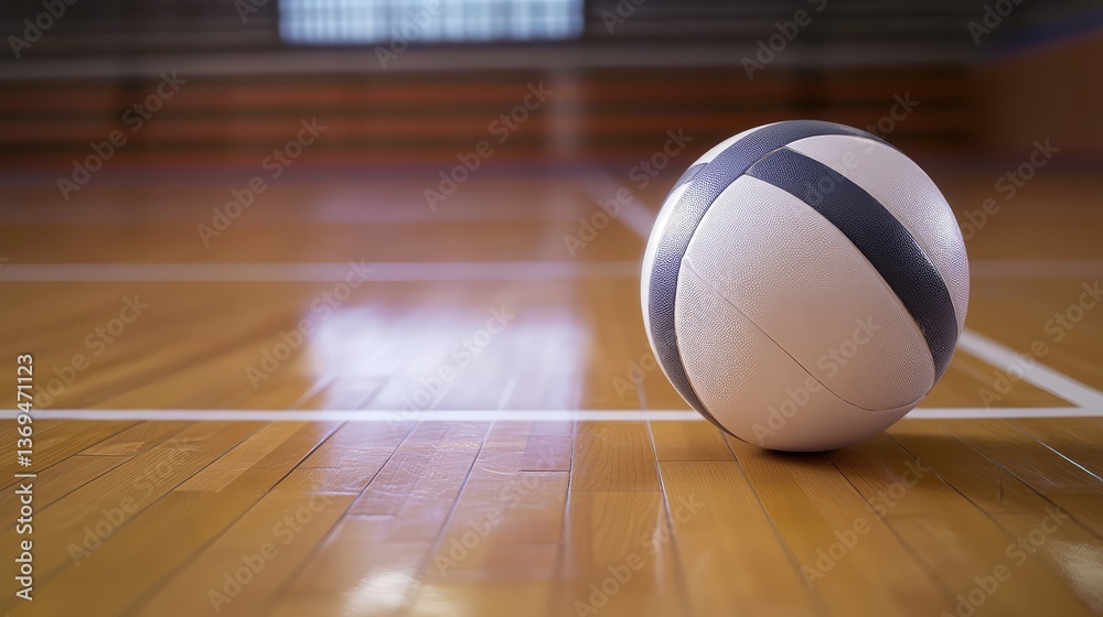 A volleyball resting on the center of a wooden gym floor with clean, sharp court lines visible in the background. A volleyball resting on the center of a wooden gym floor with clean, sharp court lines visible in the background.