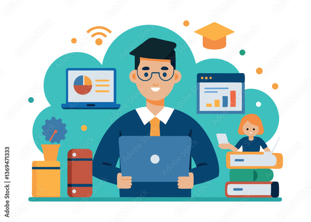 Illustration of a person working on a laptop with educational tools and resources in a modern workspace Illustration of a person working on a laptop with educational tools and resources in a modern workspace