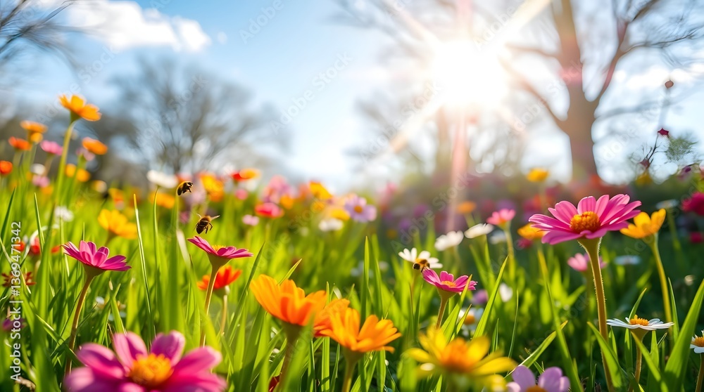 Fototapeta premium Colorful wildflowers bloom in sunny meadow (1)