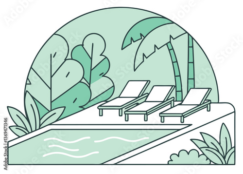 Relaxing poolside area with lounge chairs surrounded by greenery in a tranquil setting