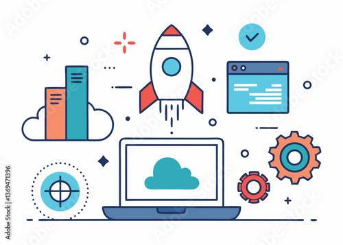 Digital technology concepts illustrated with a laptop, cloud computing, and a rocket launch
