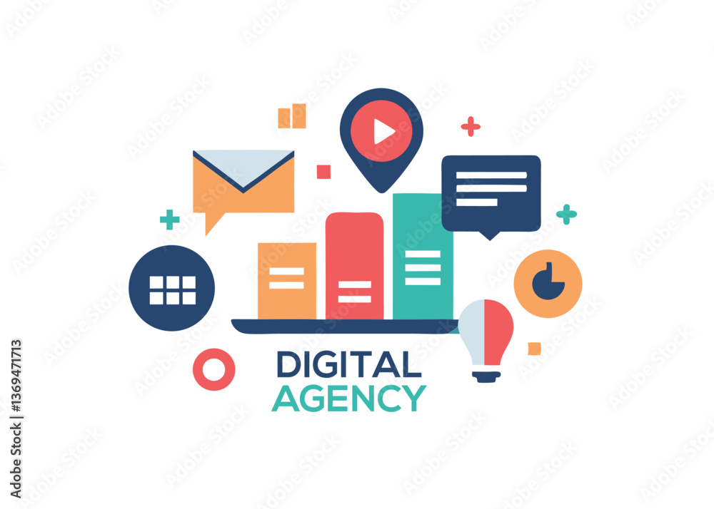 Creative digital agency logo featuring various communication icons and elements for modern marketing solutions Creative digital agency logo featuring various communication icons and elements for modern marketing solutions