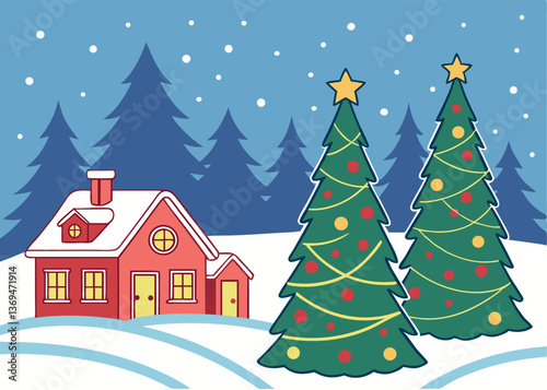 Snowy winter wonderland with festive trees and cozy cottage decorated for Christmas
