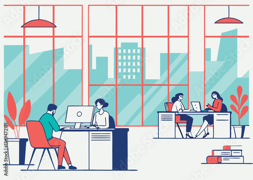 Office coworkers collaborating in a modern workspace with large windows and colorful decor