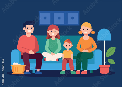Family enjoying quality time together on a cozy couch in a warmly decorated living room during an evening