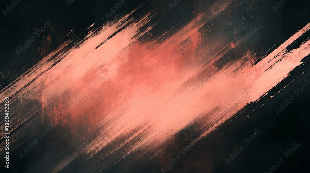 Fototapeta premium Abstract, diagonal brushstrokes, muted coral, dark background.