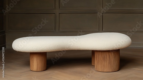 A Modern Bench Features Wood Legs and A Cream Colored Top