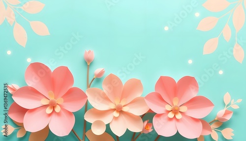 A serene spring background features delicate pink and white flowers scattered across a soft, teal backdrop. The flowers are depicted in a gentle, watercolor-like style, creating a calming and ethereal