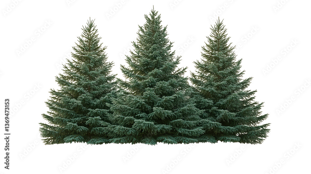 Fototapeta premium Evergreen Trio: A trio of majestic evergreen trees stands tall, their vibrant green needles a testament to nature's enduring beauty, bringing the beauty of a evergreen forest into your project.