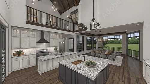 Modern open concept kitchen and dining area with loft space