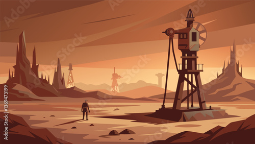A rusted abandoned mining drill with its drill bit still attached stands tall a ghostly figure in the desolate landscape.. Vector illustration