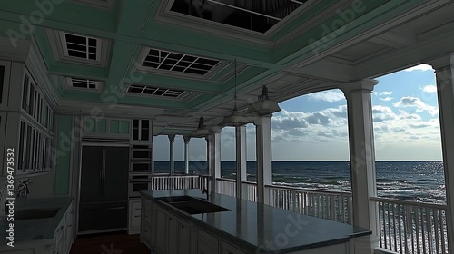 Interior kitchen overlooking the ocean with a beautiful coastal view