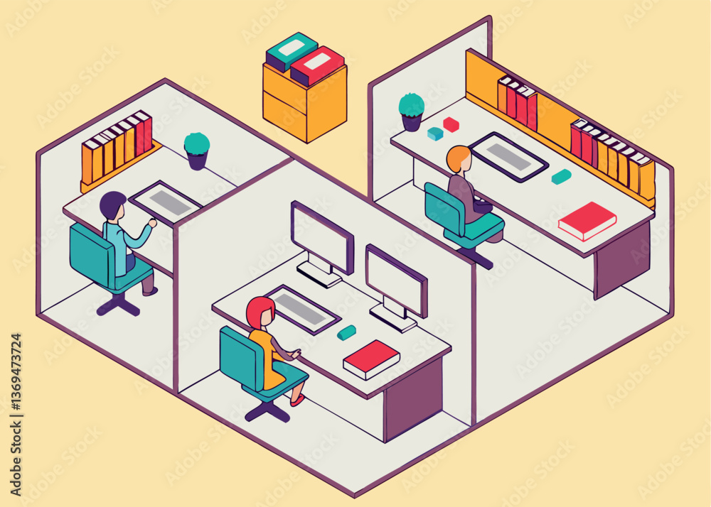 Creative workspace illustration showing cubicles with desks and computers in a modern office environment Creative workspace illustration showing cubicles with desks and computers in a modern office environment