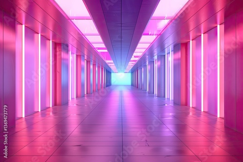 High Detail Picture of Neon Light Pink and Purple Empty Corridor