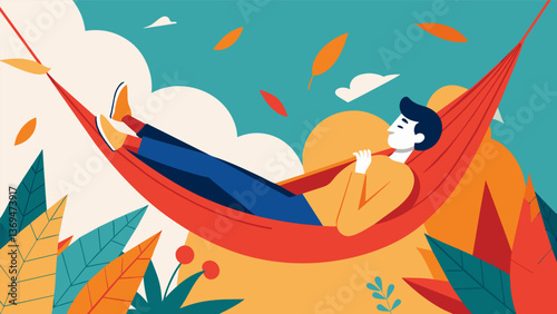 A person finds true solitude and peace while lounging in a peaceful hammock swaying gently to the rhythm of the rustling leaves.. Vector illustration