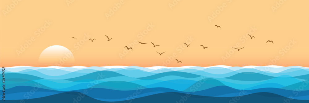 Obraz premium Minimalistic seascape, stylized sea sunset, setting sun, vector illustration
