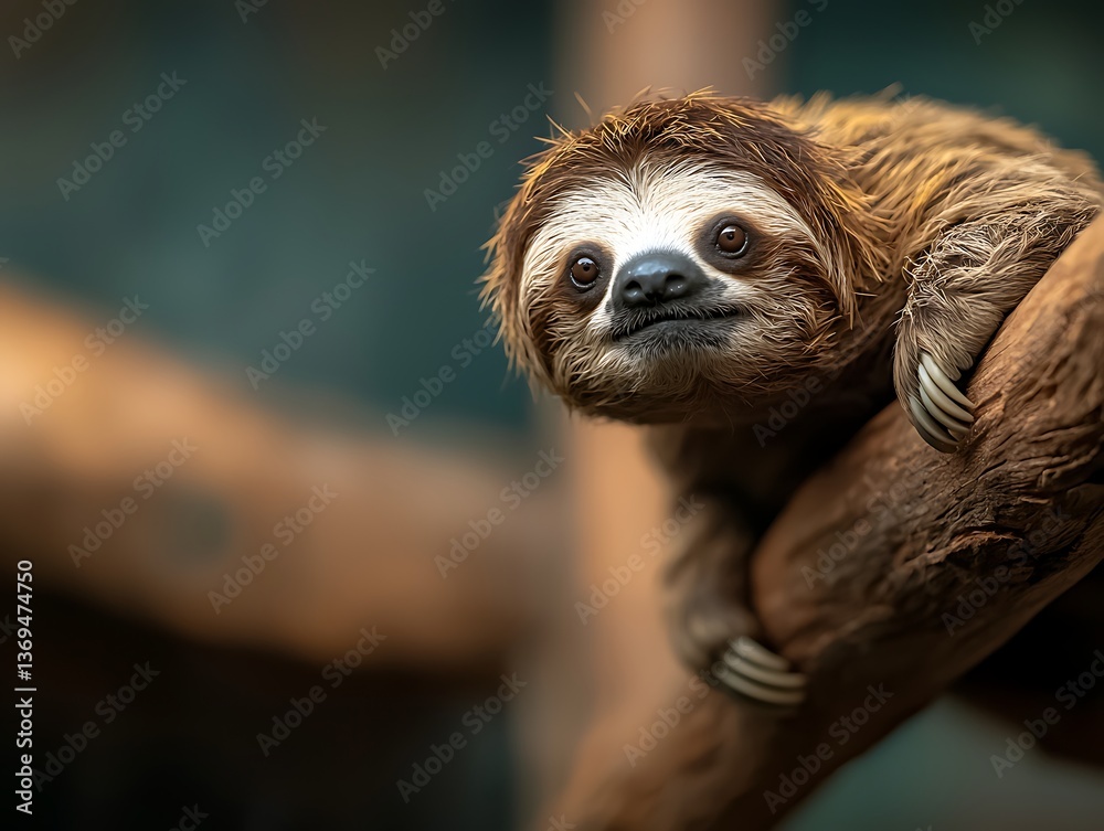 Fototapeta premium Sloth Hanging Tree Branch Zoo Portrait.
