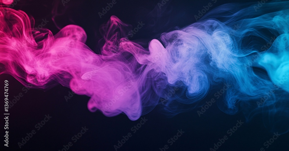 Obraz premium Horizontal colorful smoke swirl mockup with soft flowing tendrils on dark background, elegant texture with copy space for fragrance or cosmetic ad.