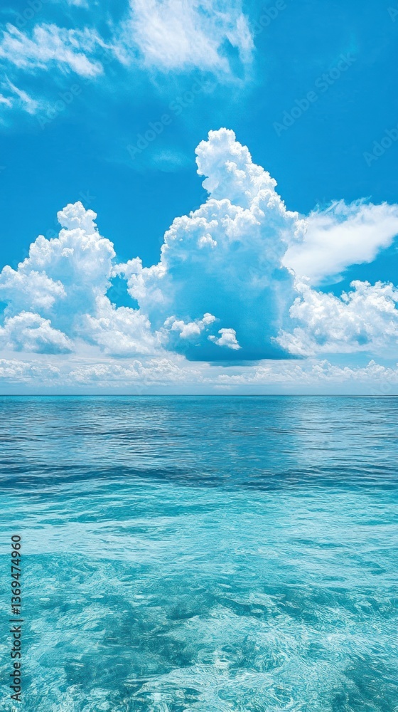 Obraz premium Beautiful blue ocean waters meet puffy white clouds on a sunny day