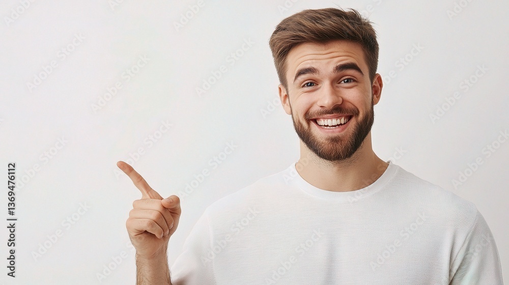 Smiling Young Man with Unshaven Look Pointing to the Side