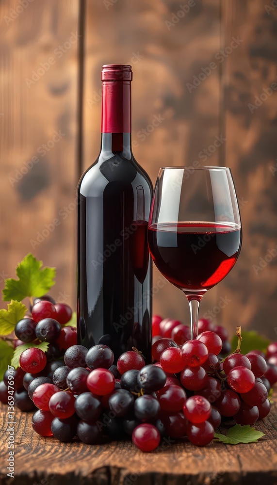 Fototapeta premium Elegant red wine bottle, glass, & grapes on wood, pinot noir, cabernet