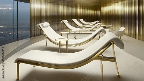 Luxurious and relaxing room with multiple chaise lounges and city views