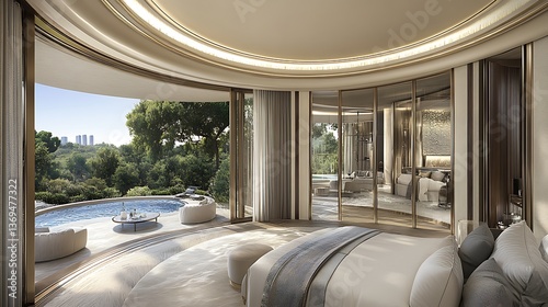 A luxurious bedroom overlooking a scenic swimming pool and natural surroundings