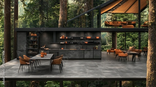Modern kitchen and living space integrated within a lush green forest