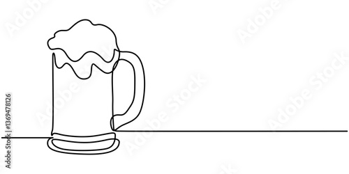 Continuous Line Drawing of Craft Beer Icon. Hand Drawn Symbol Vector Illustration, Continuous one line drawing of beer glass with foam. Craft drink alcohol ale in simple linear style for bar and pub.