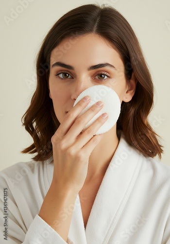 Woman gently cleanses face soft light serene beauty routine. AI Generated