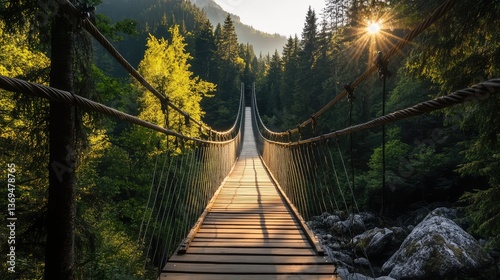 A wooden suspension bridge stretching across a deep forest valley, offering a thrilling trekking path.