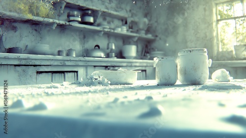 A dusty kitchen displays old jars and scattered flour on a counter